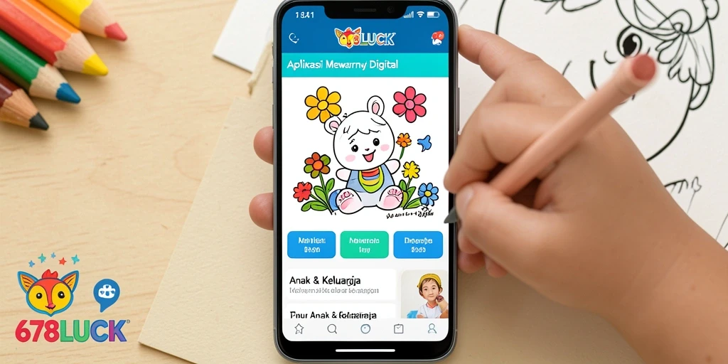 Antarmuka aplikasi Mewarnai Digital 678LUCK yang ramah anak.