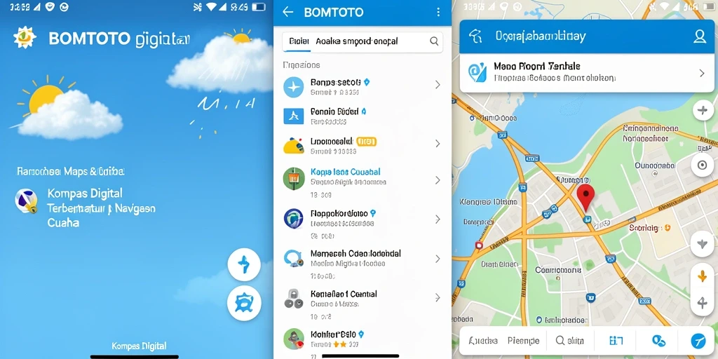 Tampilan antarmuka aplikasi BOMTOTO untuk navigasi kompas digital.